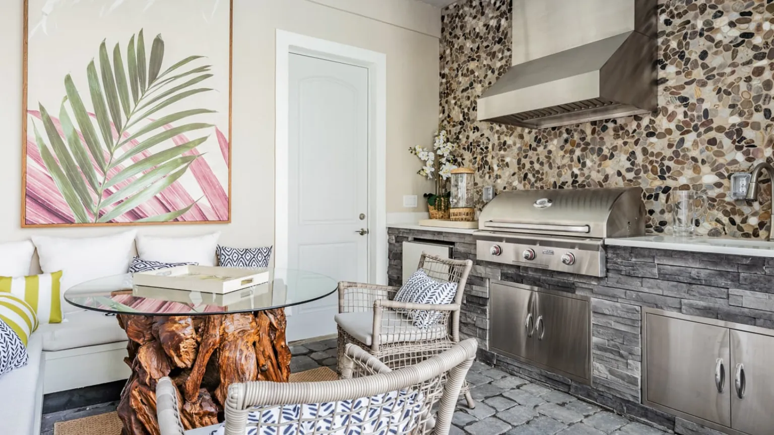 The Outdoor Kitchen of a DRB Homes Osprey Model at Eagles Cove in the Mirada Community.